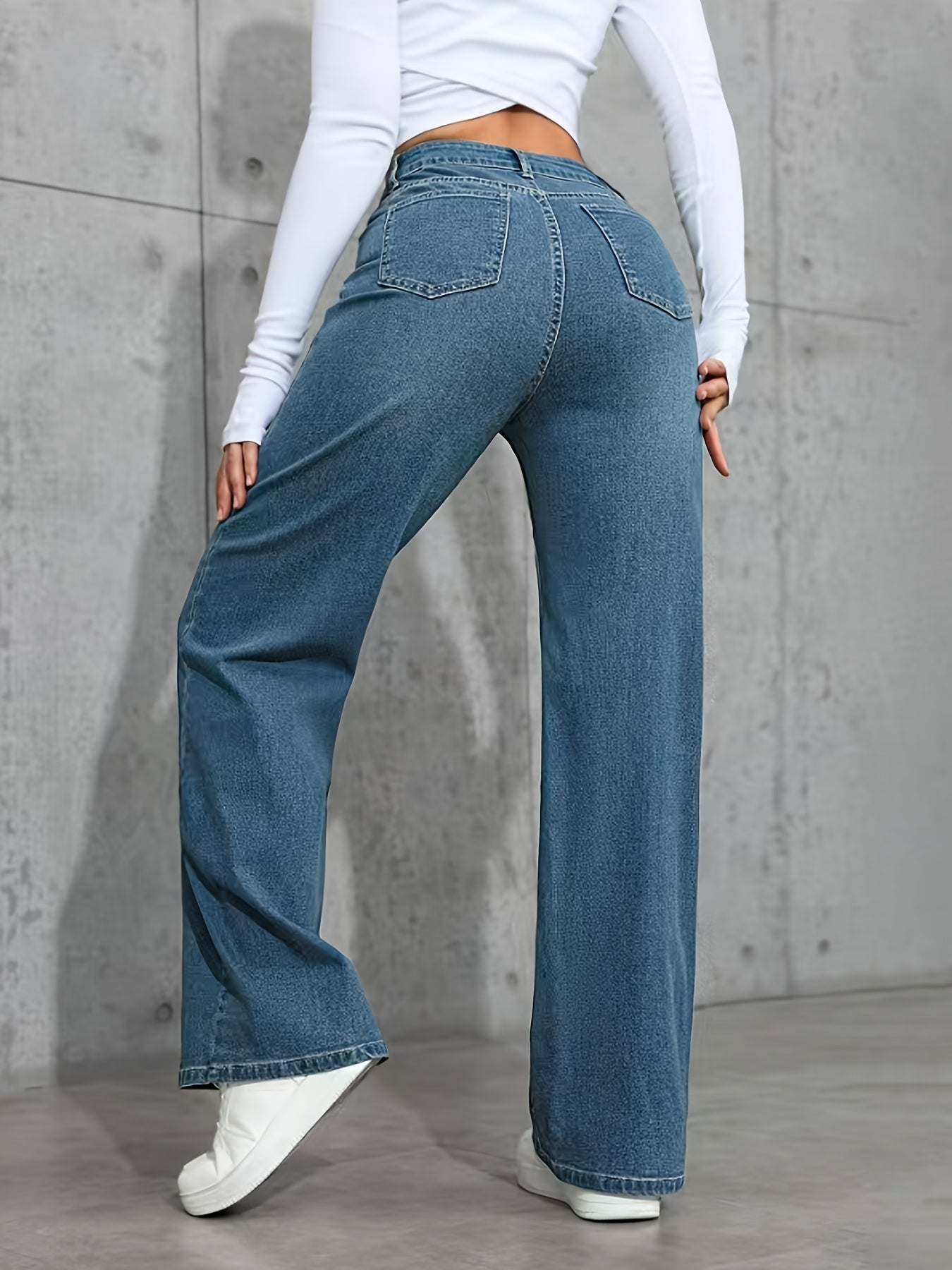 Jeans Femme Bleu – Taille Haute, Extensible, Jambe Droite Décontractée et Polyvalente