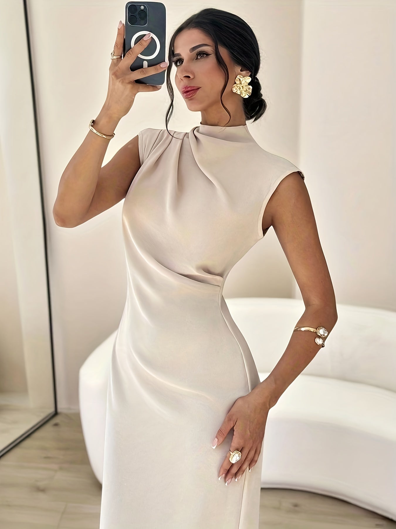 Robe Femme Élégante Bleu Marine A-Line — Manches Courtes et Col Montant, Ourlet Plissé Anti-Plis, Taille Cintrée avec Fente Courte, Lavable en Machine, Parfaite pour Mariages, Soirées