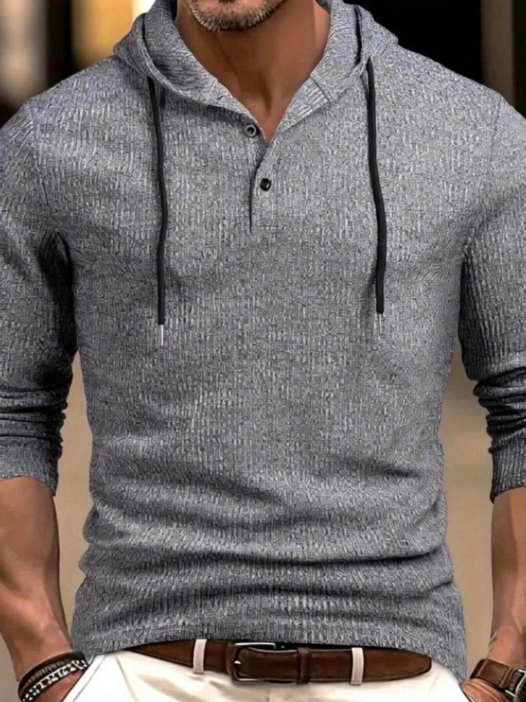 Men's Ribbed Long Sleeve Hooded Henley Shirt, Casual Trendy Buttons Tops For Autumn And Winter