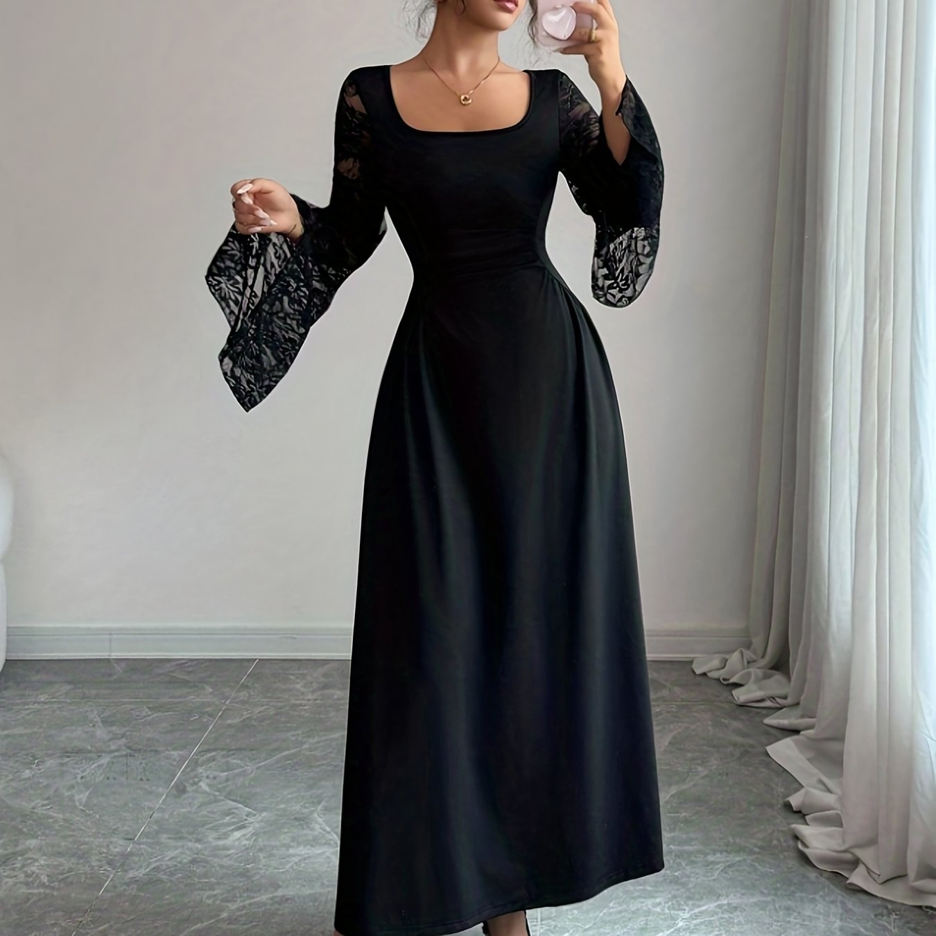 2025 New Fall/Winter Vintage Black Lace Tulle Square Neck Bell Sleeves Split Long-Sleeve Maxi Dress | Elegant Fit and Flare Silhouette with Contrast Lace Details