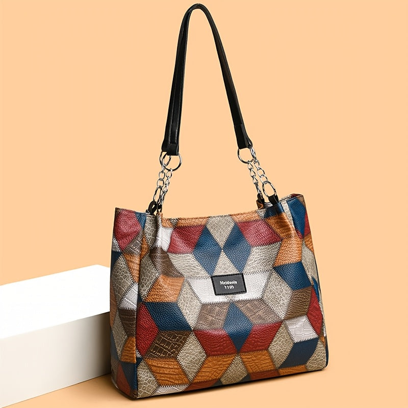 Grand sac fourre-tout pour femmes – motif géométrique à carreaux, multicolore, fermeture zippée, bandoulière fixe, parfait voyage et usage quotidien