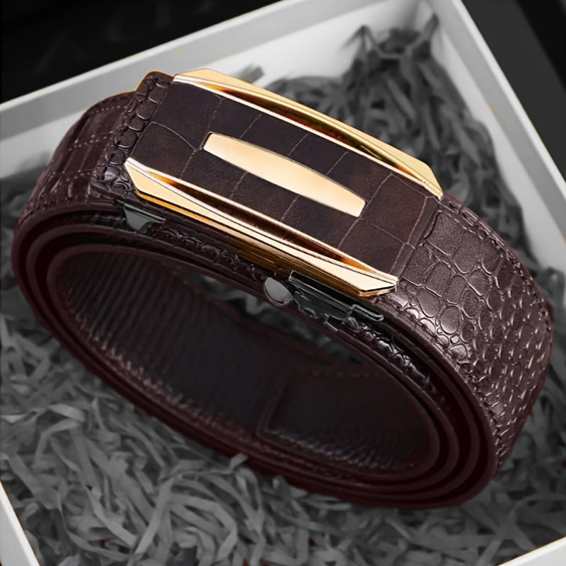 Ceinture Homme à Boucle Automatique en Cuir Synthétique – Motif Crocodile, Marron et Noir, Boucle en Alliage Doré, Style Élégant Décontracté et Professionnel, Parfaite pour Pantalons Habillés, Accessoire Formelle, Design Sophistiqué, Construction Durable