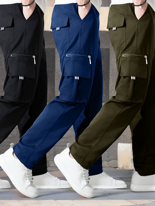 Pantalons cargo vintage pour homme (3 pièces) – coupe décontractée, multi-poches, taille élastique, idéals activités outdoor printemps/automne, randonnée et streetwear
