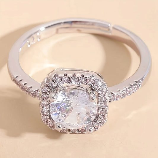 A Square-cut Copper Open Ring with Micro-set Synthetic Synthetic Zirconia, Suitable for Women's Daily Wear