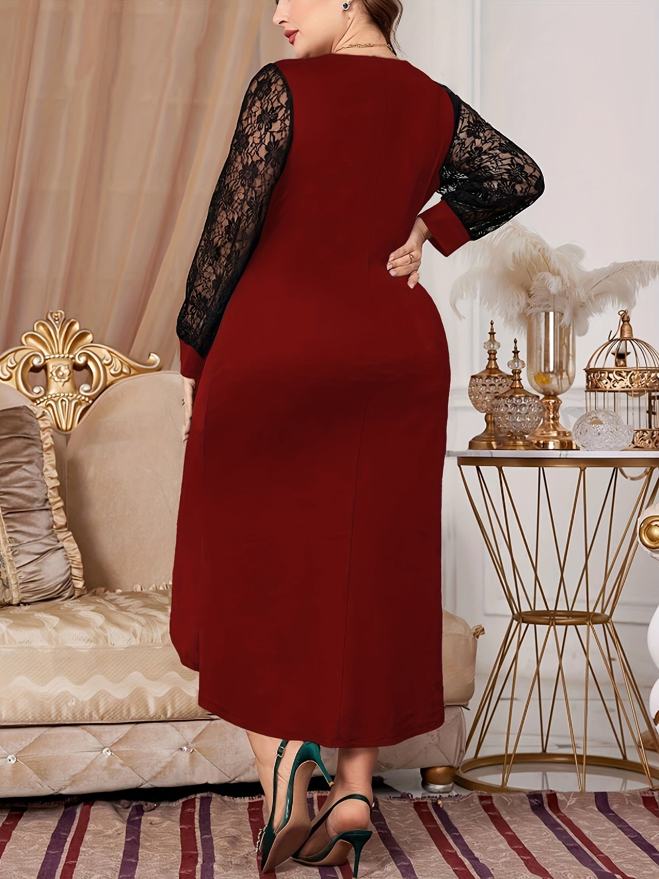 Plus Size - Solid Color Autumn Lace Patchwork V-Neck Slit Sexy Elegant Women'S Dress