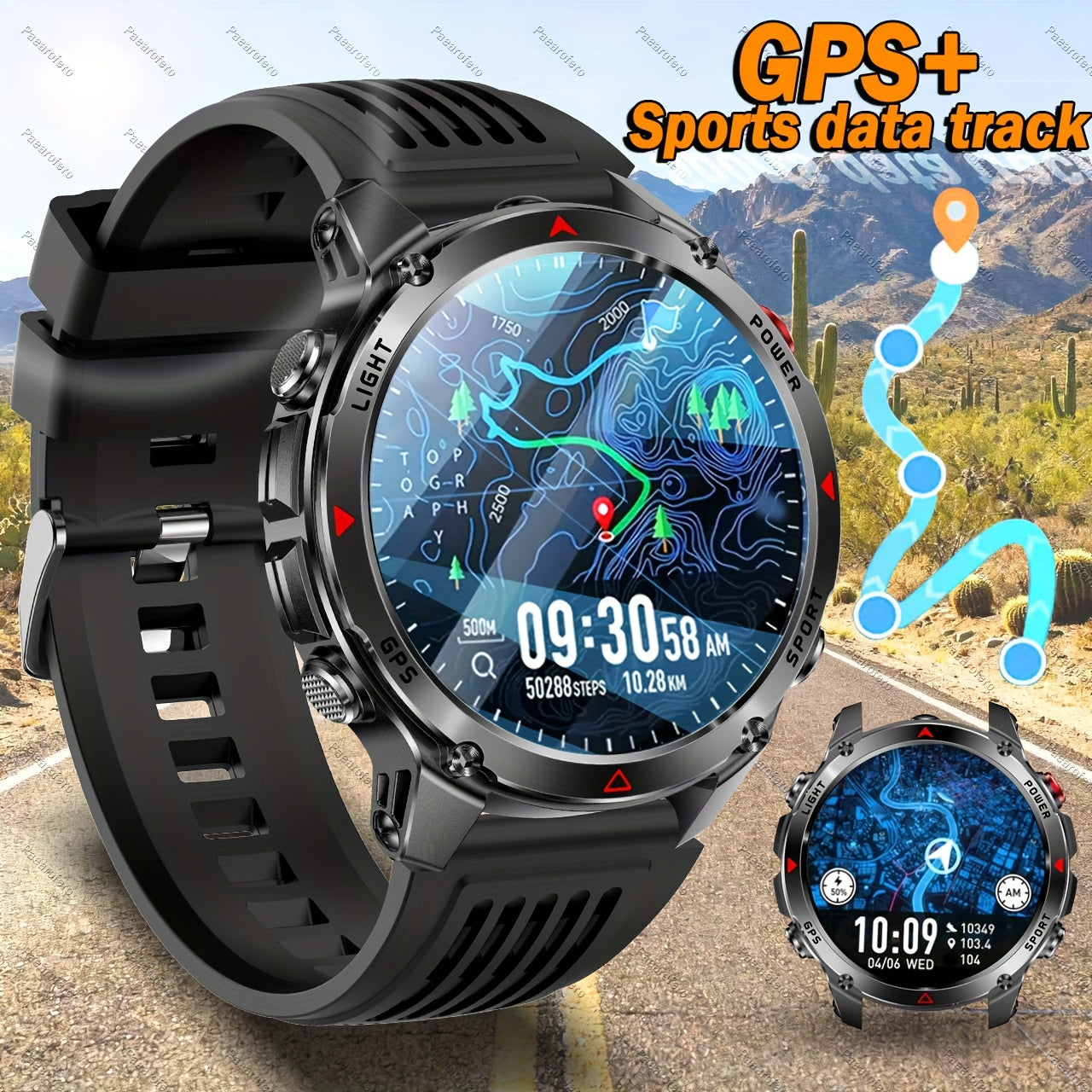 2025 new GPS smartwatch with flashlight, full touch screen, wireless calling, music playback, for iPhone/Android, equipped with GPS, compass, altimeter, barometer, calendar, calculator, calorie pedometer, fitness tracker, swi
