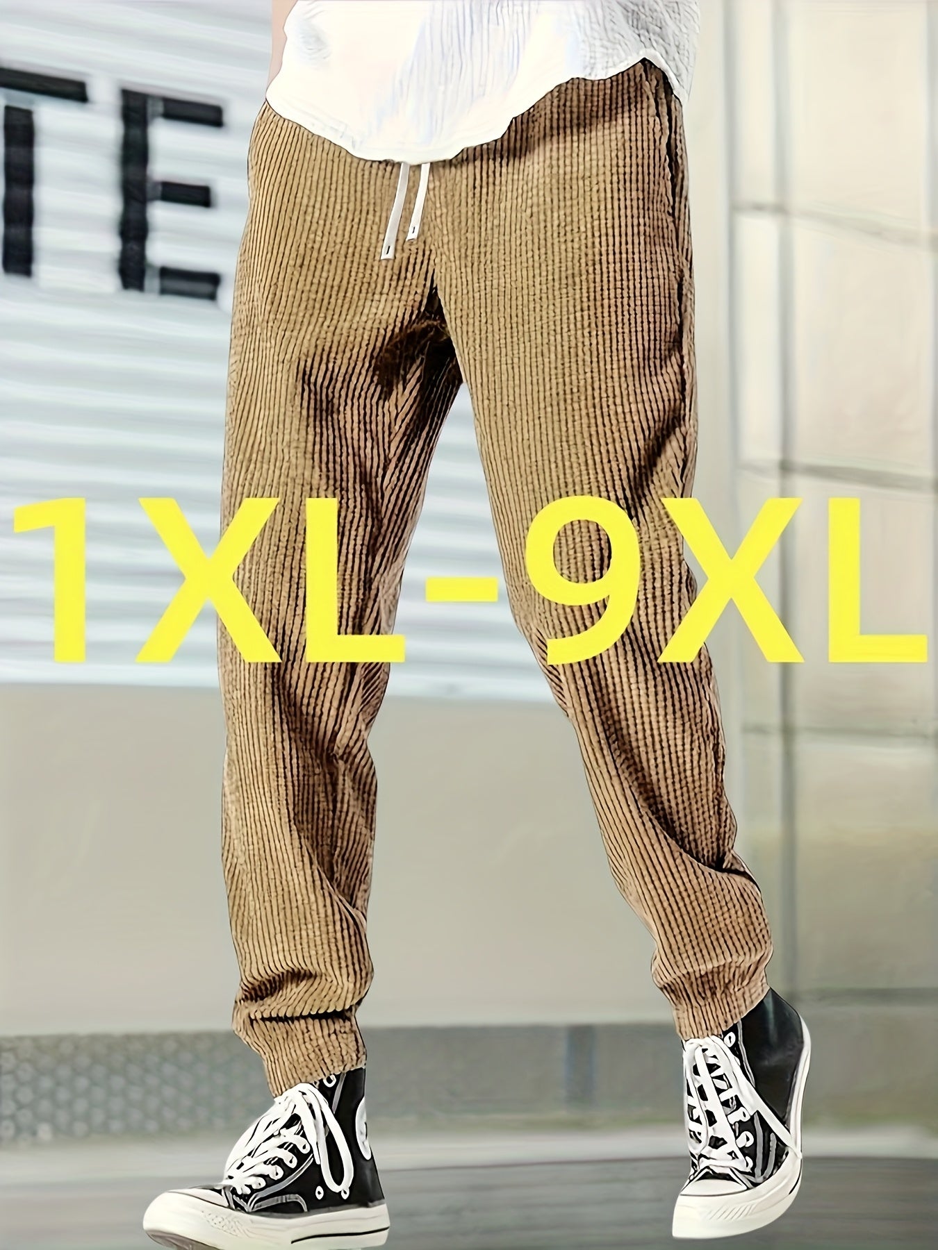 Joggers en velours côtelé grande taille pour homme – coupe décontractée, taille élastique à cordon, poches latérales, confortables pour tenue décontractée, sneakers hautes assorties