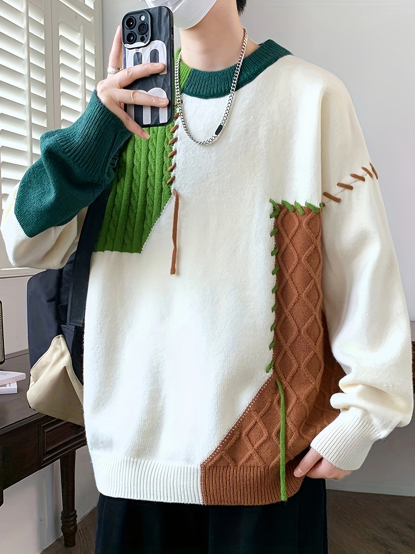 Men'S Korean Style Round Neck Sweater, Youth Fashion Patchwork Ribbed Thickened Warm Knit Shirt, Autumn and Winter New Color Block Casual Base Layer 668