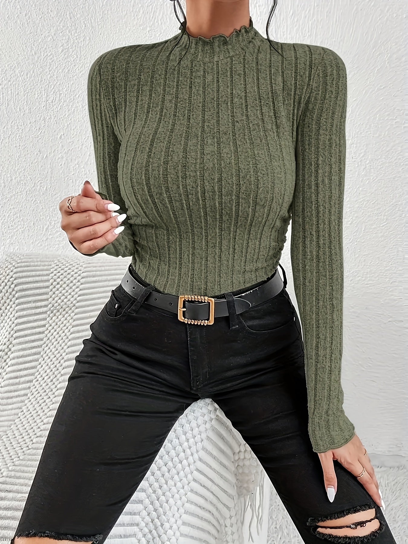 Lot de 3 T-shirts élégants pour femmes – Col montant, manches longues, col rond, coupe régulière, couleur unie, collection automne/hiver, style casual