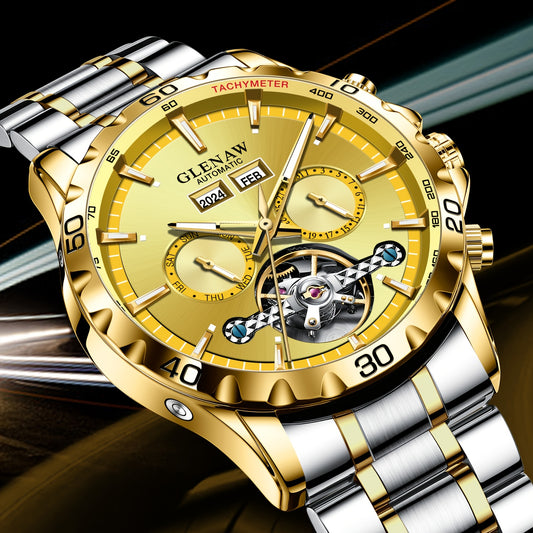 Montre automatique pour homme – Montre multifonctionnelle avec boîtier et bracelet en acier inoxydable, montre mécanique à remontage automatique avec affichage de l’année, du mois, du jour et de la semaine