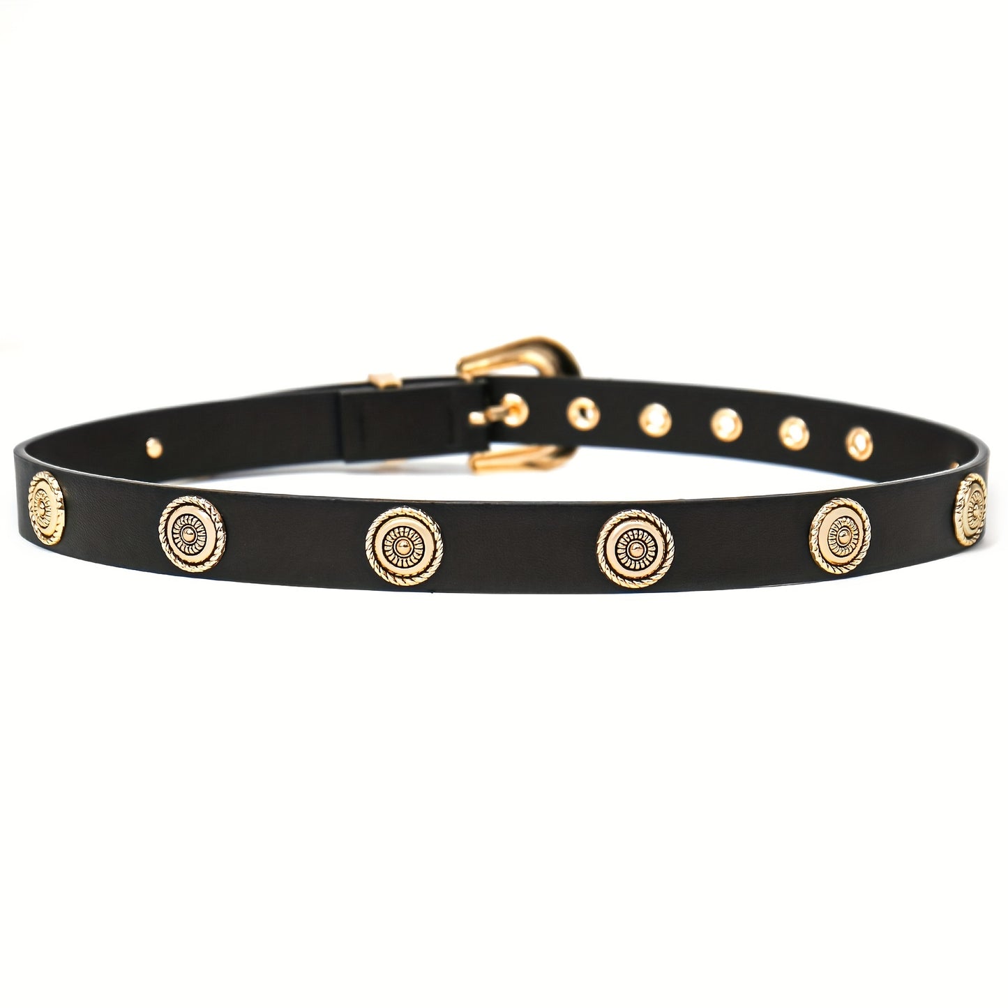Ceinture pour femmes – Noir avec clous métalliques dorés, boucle métallique ornée, taille standard, pour robes, pantalons et jeans, ceinture style western, ceinture noire imitation cuir