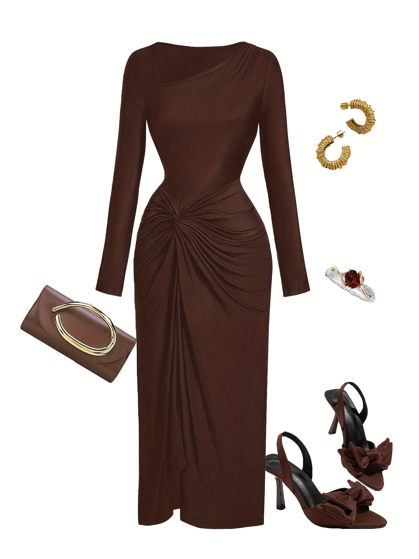 Robe Femme Élégante à Col Irrégulier — Manches Longues, Couleur Unie, Parfaite pour Soirées, Sorties et Rendez-vous