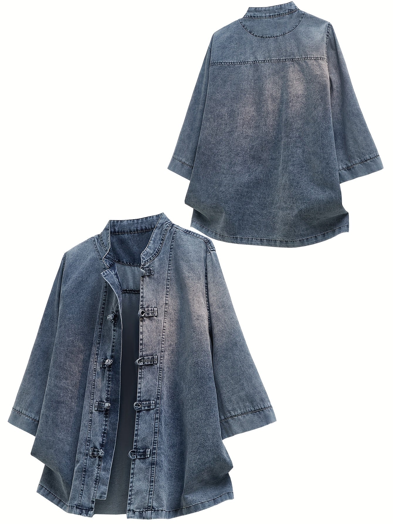 Xingmengzhi OBM Men's Denim Shirt, Loose-Fit Seven-Quarter Sleeve New Chinese Style Button-Up Top, Slim Stand Collar Denim Cardigan Lightweight Jacket