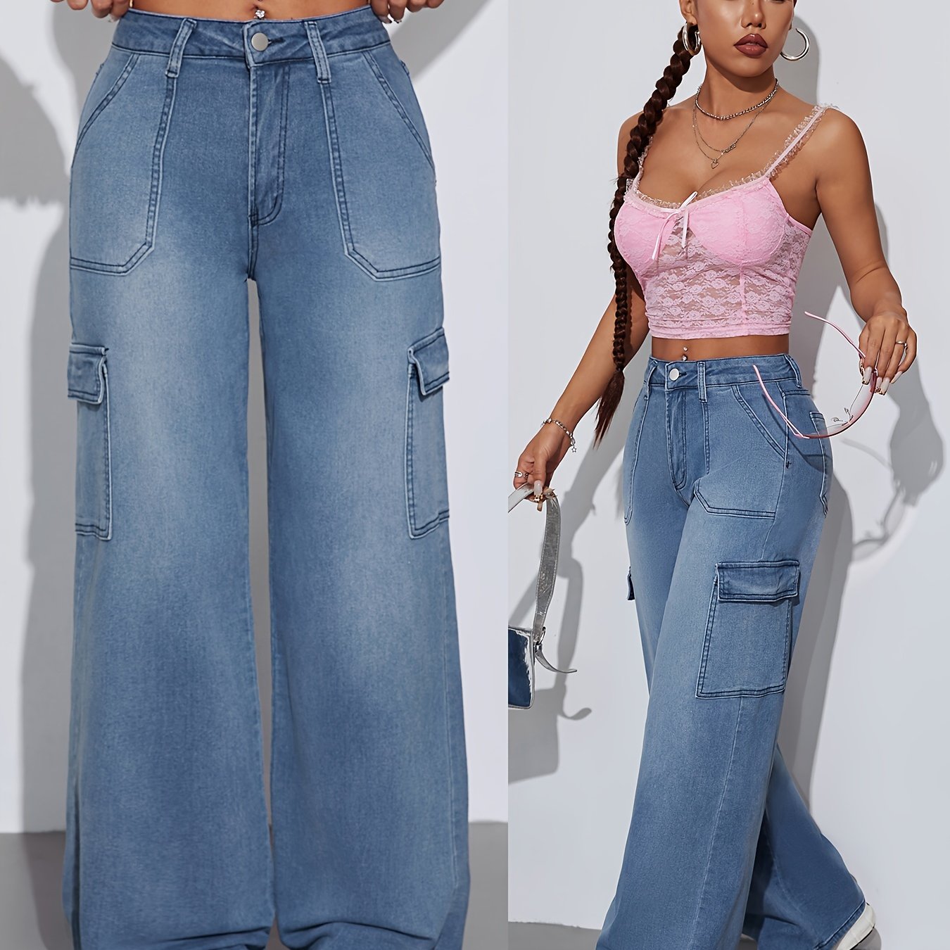 Jeans Cargo Femme Extensible Taille Mi-Haute Couleur Unie Boutons Lavable