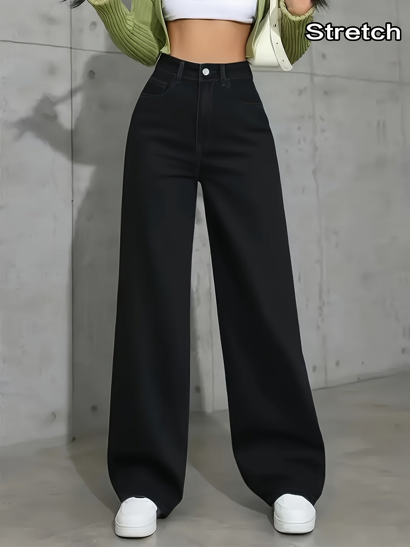 Jeans Femme Taille Haute Jambe Large Extensible Ceinture Élastique Poches Obliques Jambe Droite Noir Toute Saison