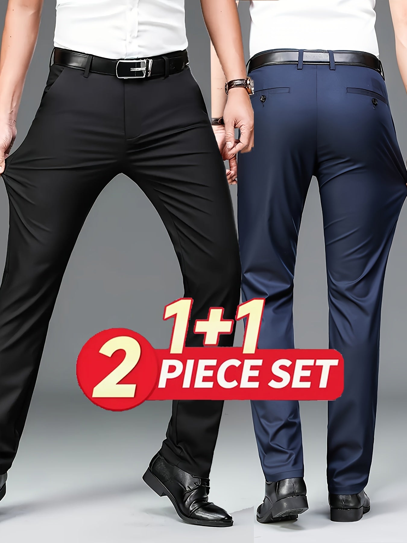 2pcs Pantalons Homme – Business & Casual, Anti-Rides, Taille Élastique, Jambe Droite, Tout Saison