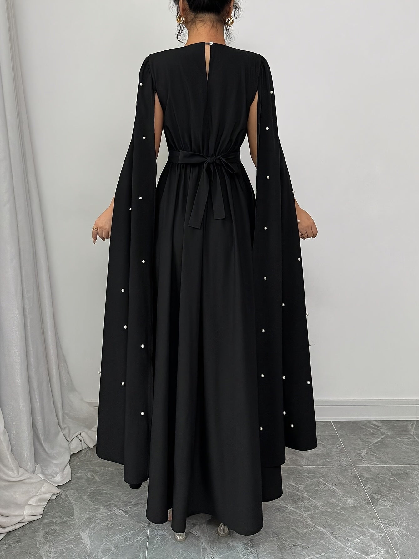 Cloak Sleeve Dress with Pearl Embellishments, Elegant And Fitted, Vintage Style, Evening Gown.