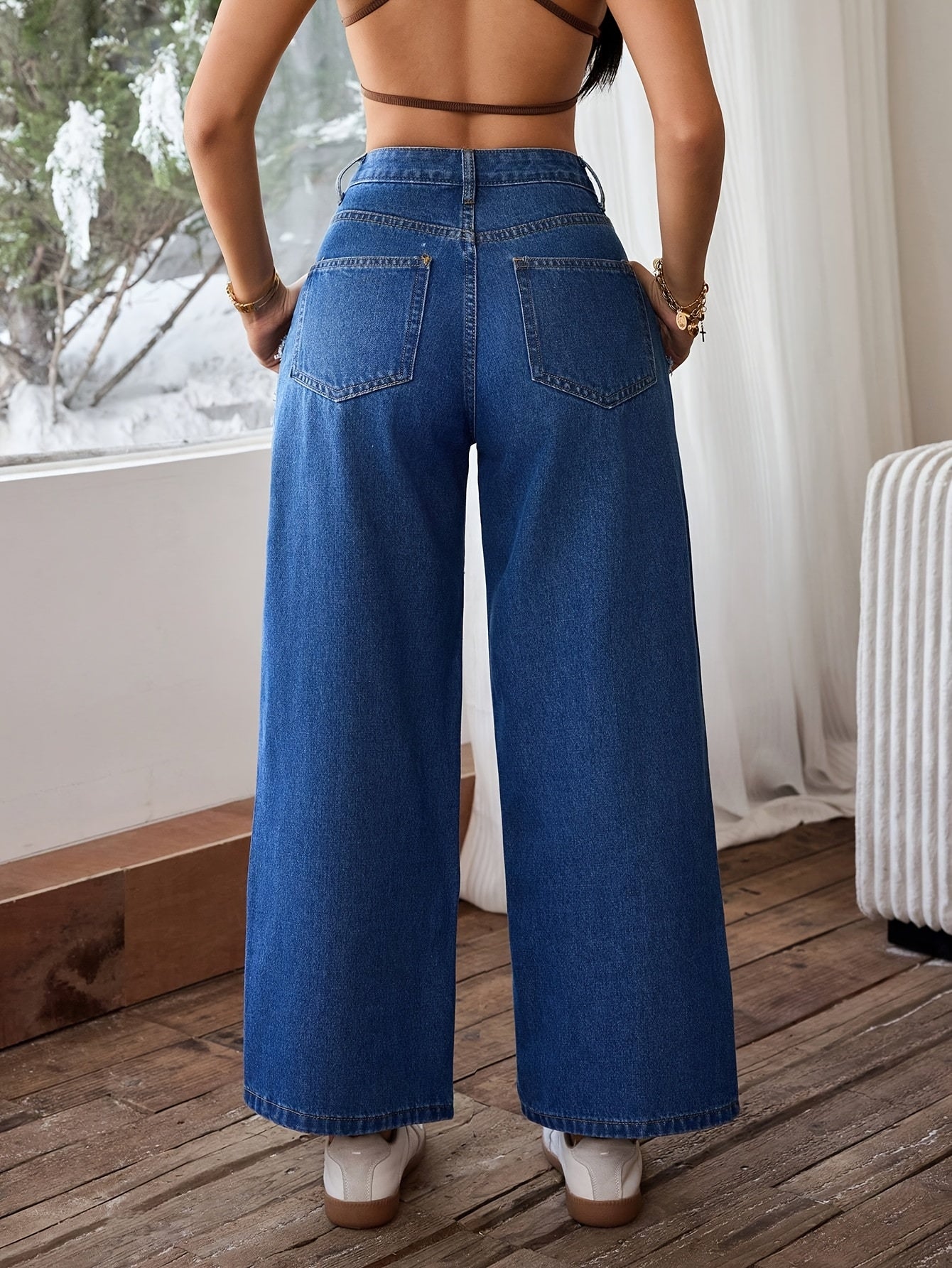 Pantalon Femme Taille Mi-Haute Denim Extensible Jambe Large Effet Déchiré Asymétrique Détail Franges Genou Confort Toute Saison Décontracté Streetwear