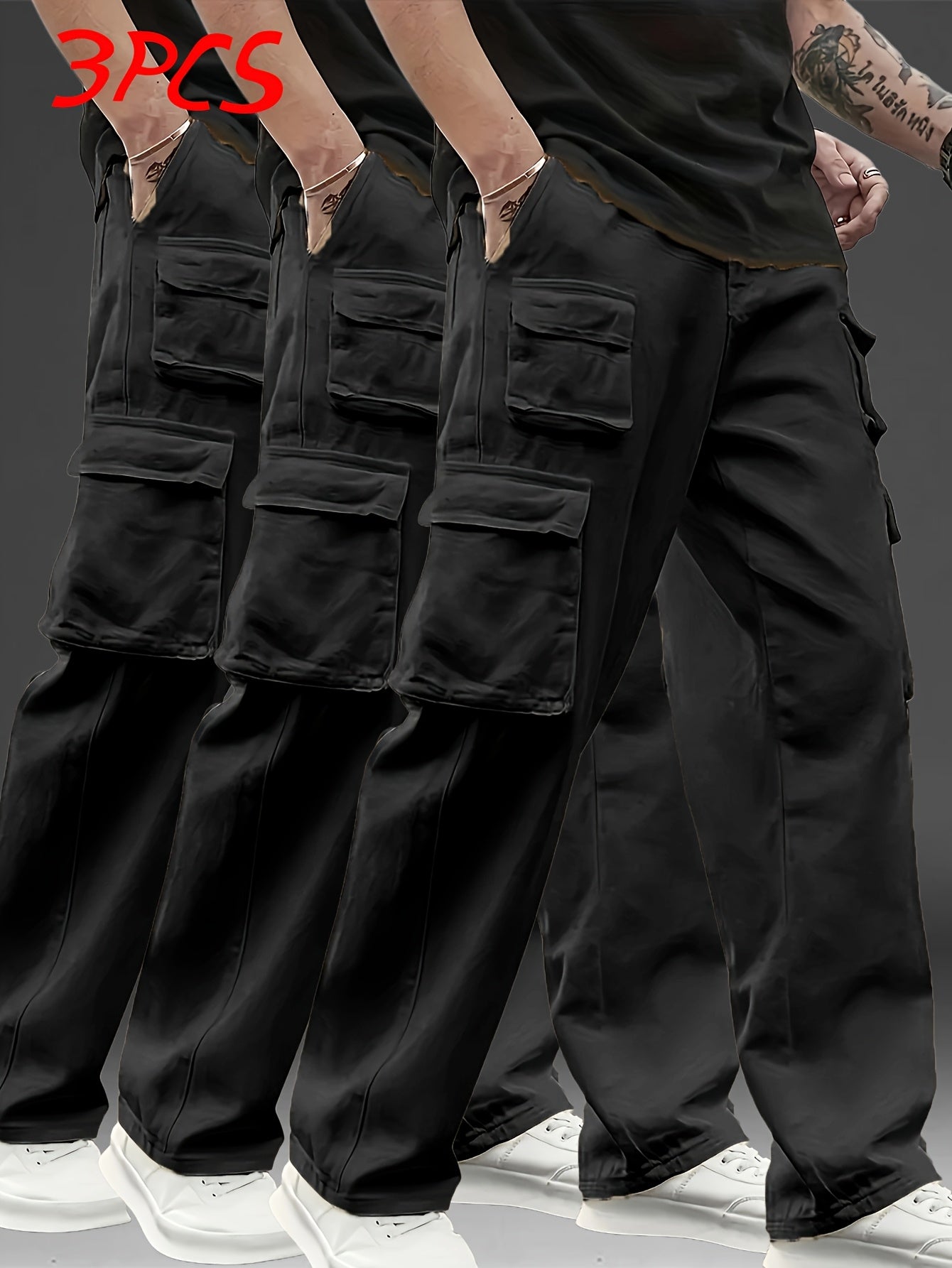 3pcs Pantalons Cargo Homme – Multipoches, Loose Fit, Durable, Casual & Outdoor