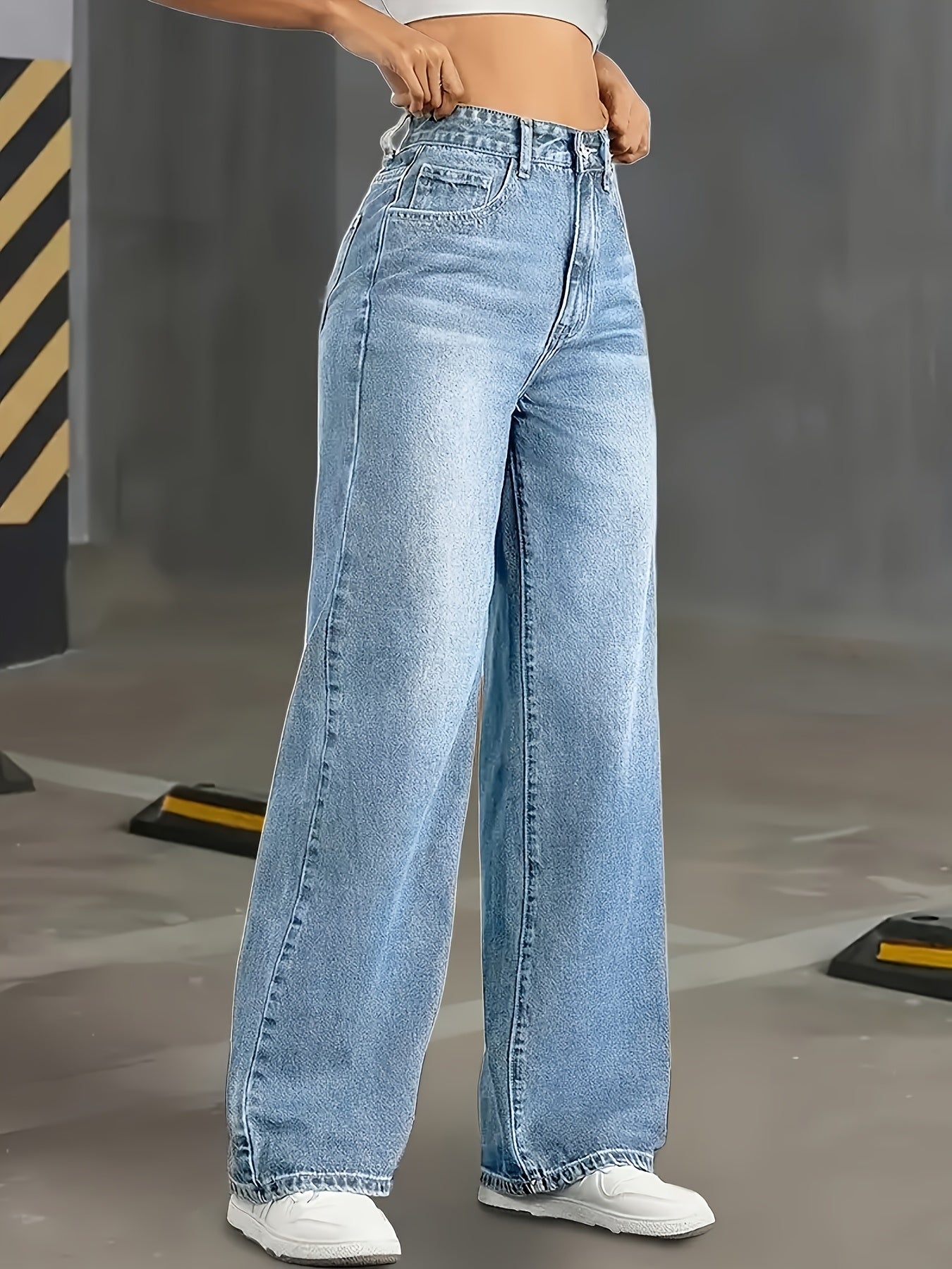 Jeans Femme Grande Taille Jambe Large Blanc Effet Usé Boutons Taille avec Poches Toute Saison Décontracté et Chic