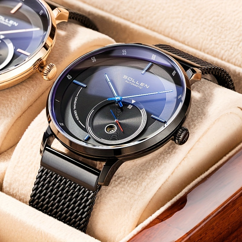 SOLLEN Men'S Automatic Mechanical Watch with Luminous Hands, Date Display & Calendar - Stainless Steel Strap, Skeleton Design, Mechanical Movement - Ideal for Birthdays, Valentine'S Day, Father'S Day, Wedding Anniversary Gift