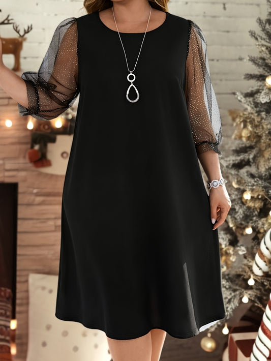 Robe Courte Grande Taille – Couleur Unie, Patchwork en Dentelle, Col Rond, Simple et Élégante