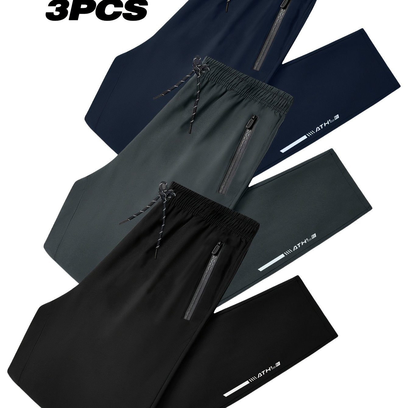 3pcs Joggers Homme Grande Taille – Relaxed Fit, Poches Zippées, Imprimé, Bleu Marine & Noir, Printemps/Automne