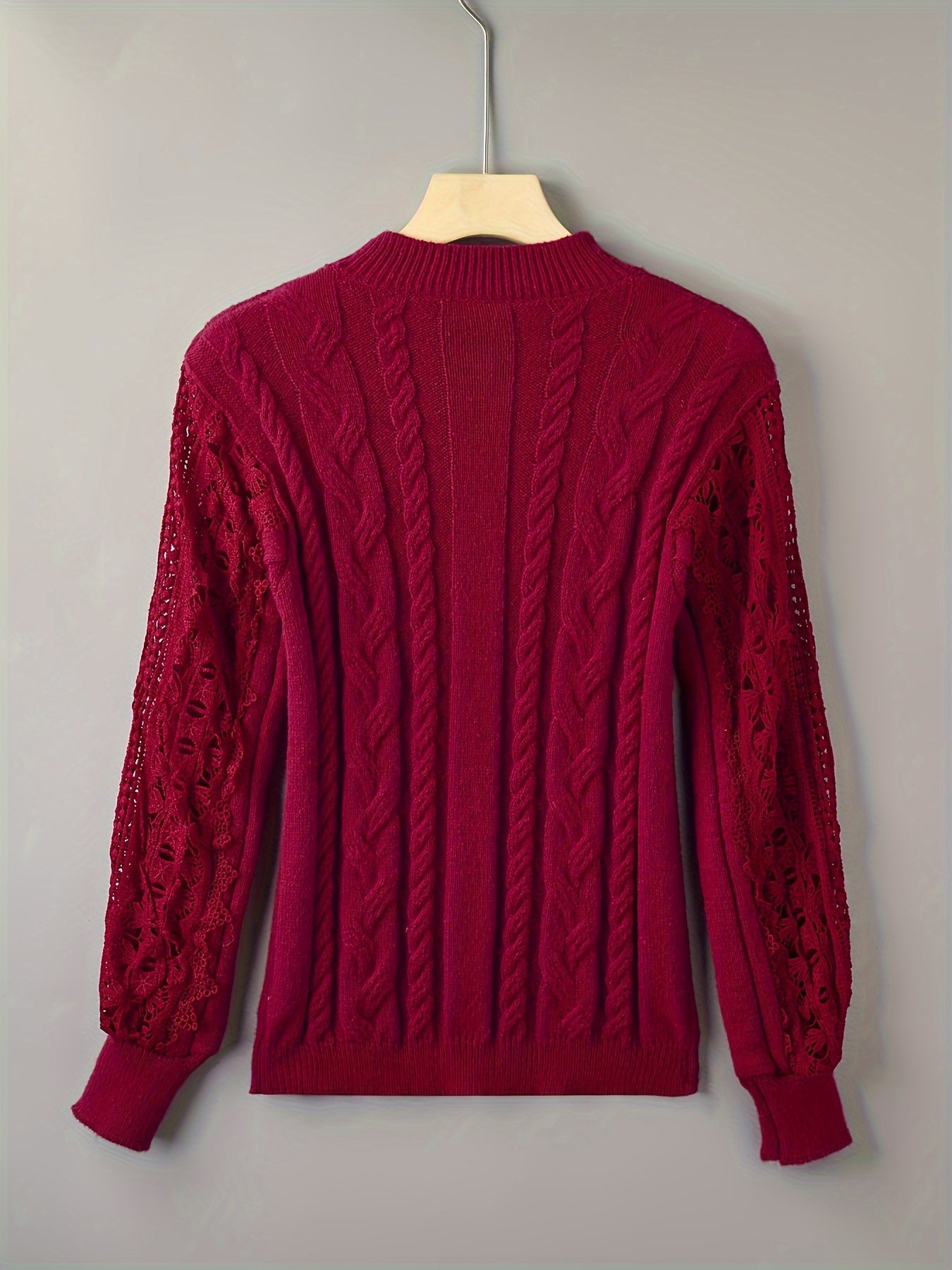 Pull élégant pour femmes à col montant, manches longues, motif géométrique, semi-transparent avec bordure en dentelle, automne-hiver, confort extensible, style casual et formel