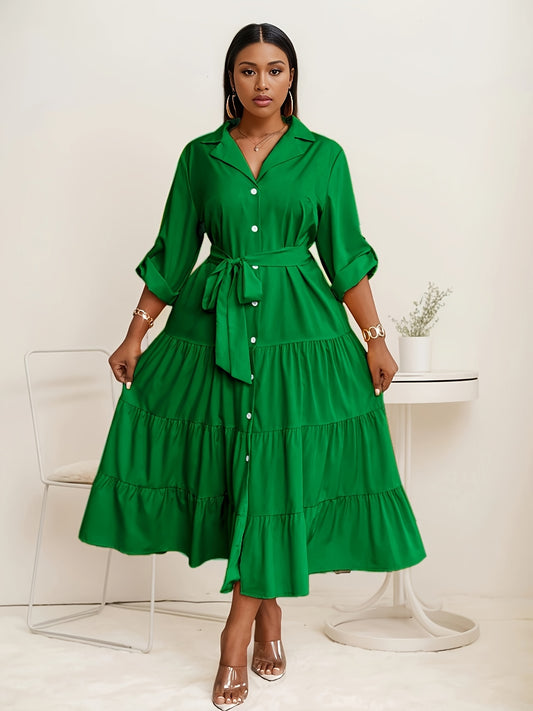 Robe élégante grande taille fit and flare – mélange polyester, col en V, manches longues régulières, couleur unie, tissu non extensible, taille à nouer, printemps/automne, coupe tissée longue