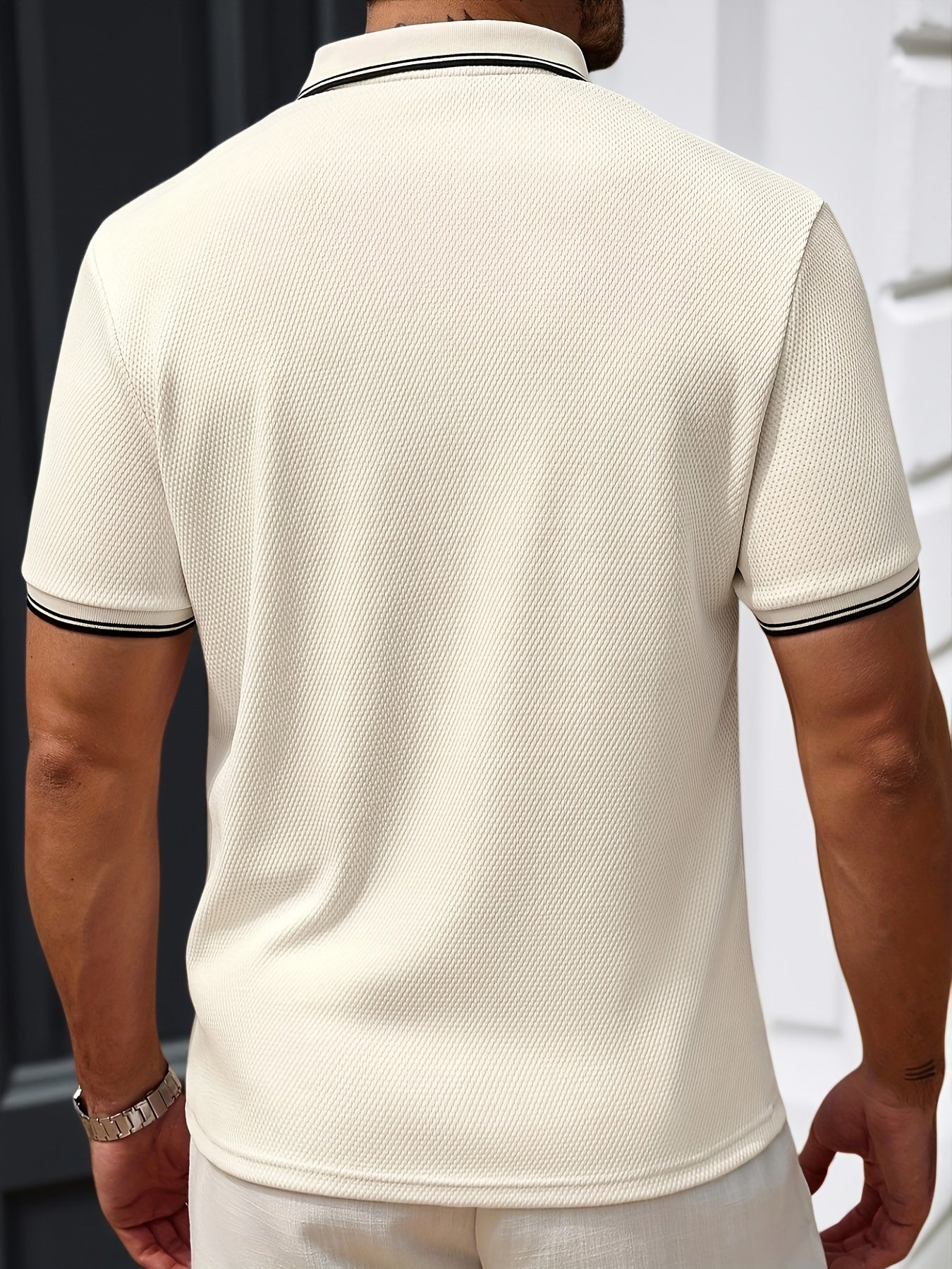 Men's Summer Shirt - Breathable Pineapple Texture Fabric, Solid Color Collar with Contrast Trim, Regular Fit for Casual & Business Outdoor Wear, Machine Washable