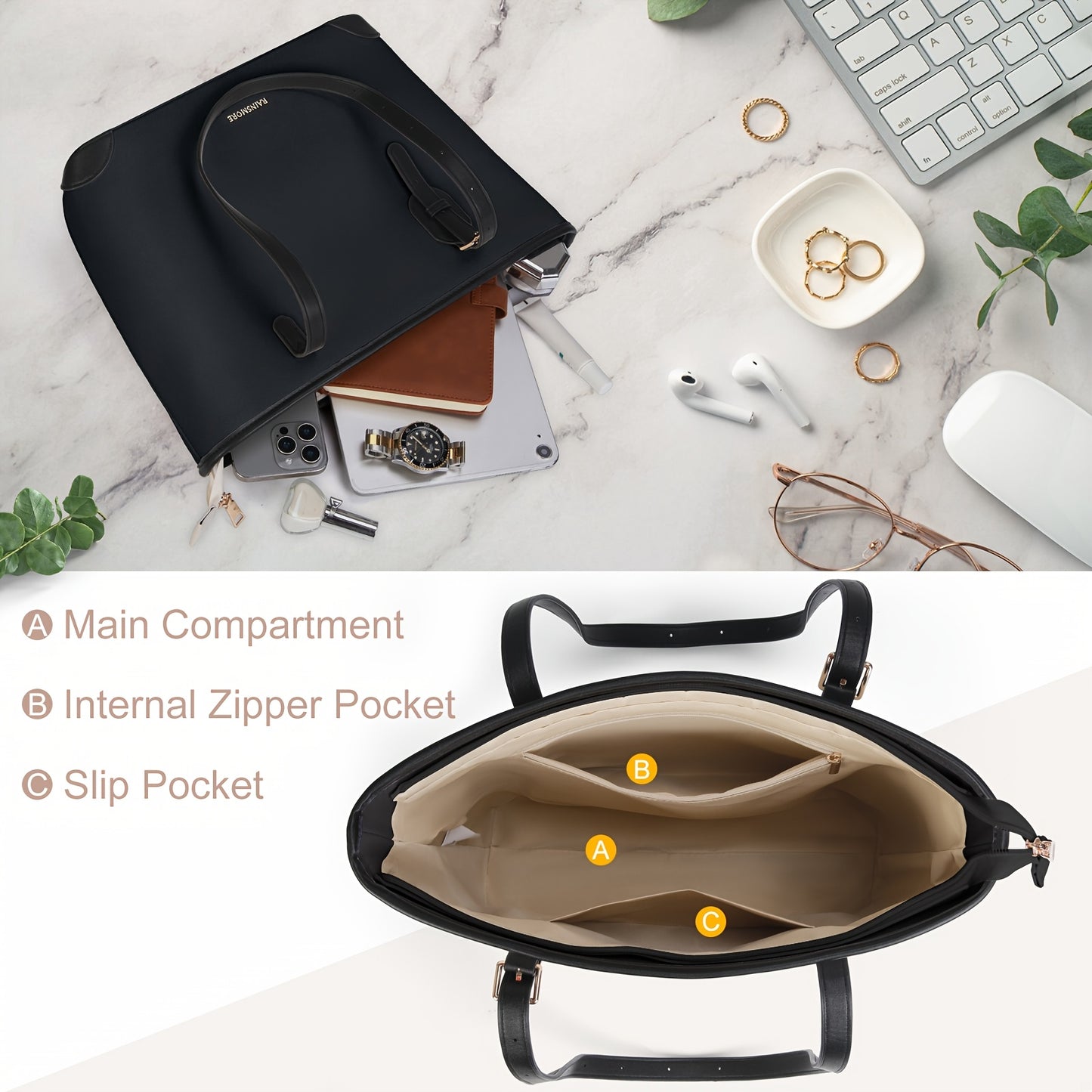 Sac cabas pour ordinateur portable femme en simili cuir – grande capacité avec compartiment tablette, léger et élégant, noir ou marron clair, parfait pour le travail et usage quotidien