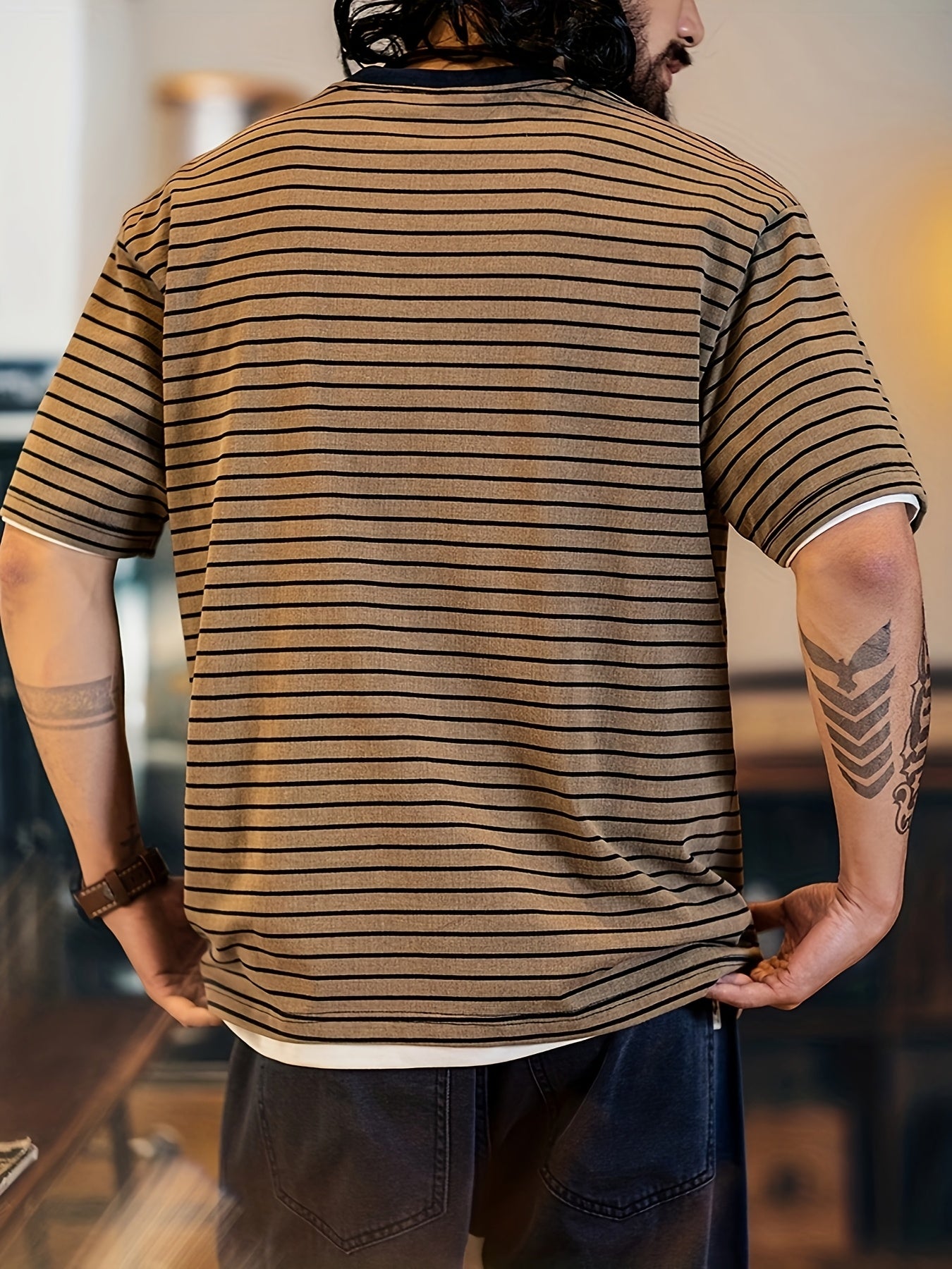 Men&Apos;S Casual Streetwear T-Shirt - Brown & White Striped, Crew Neck, Short Sleeve, Embroidered Logo, Loose Fit, Blend, Casual Summer Top|Striped Tee|Embroidered Detail