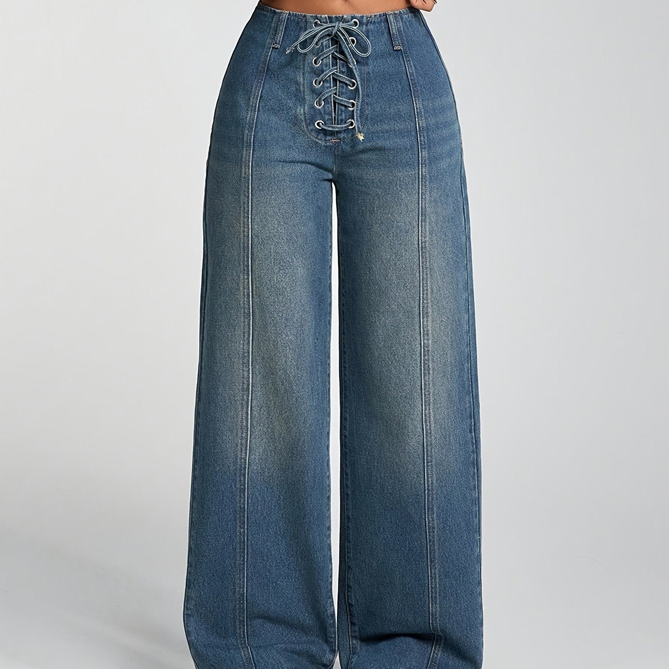 Jeans Femme Élégant Taille Haute Jambe Droite Bleu Clair Ceinture Croisée Sans Extensible Toute Saison Polyvalent Décontracté et Formel