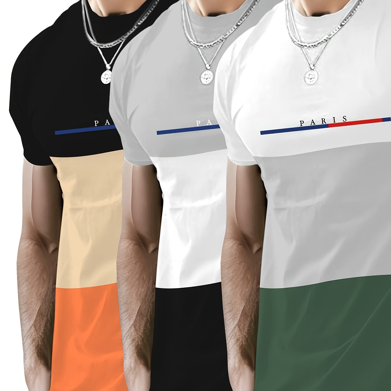 Three-Piece Set: Men's Casual Fashion BROOKLYN, LOS ANGELES Print Drop Shoulder Short Sleeve T-Shirt, Comfortable and Versatile