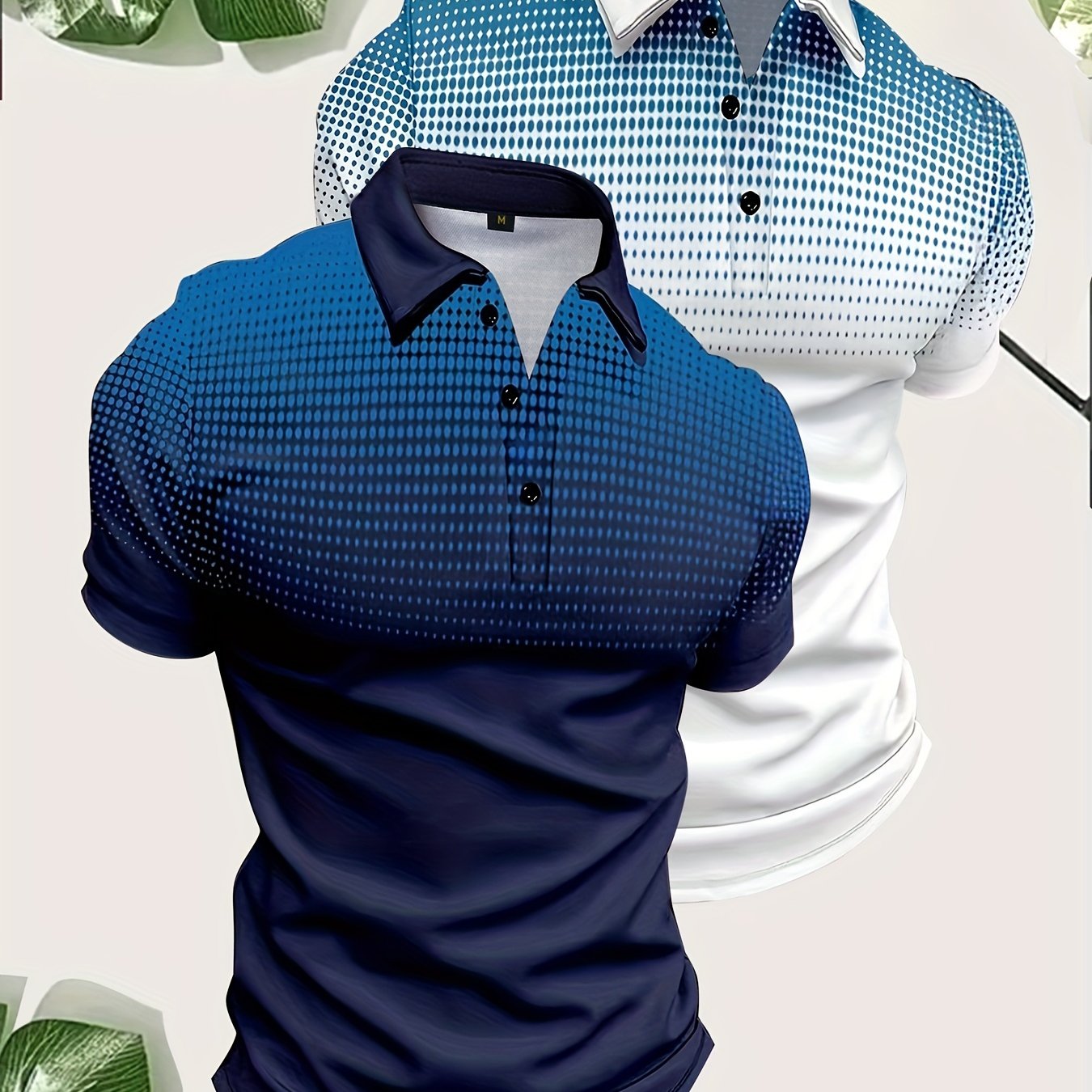 2pcs Men's Gradient Pattern Print Short Sleeve Lapel Golf Shirts, Casual Style Slight Stretch Regular Fit Summer Tops, Summer Golf Shirts