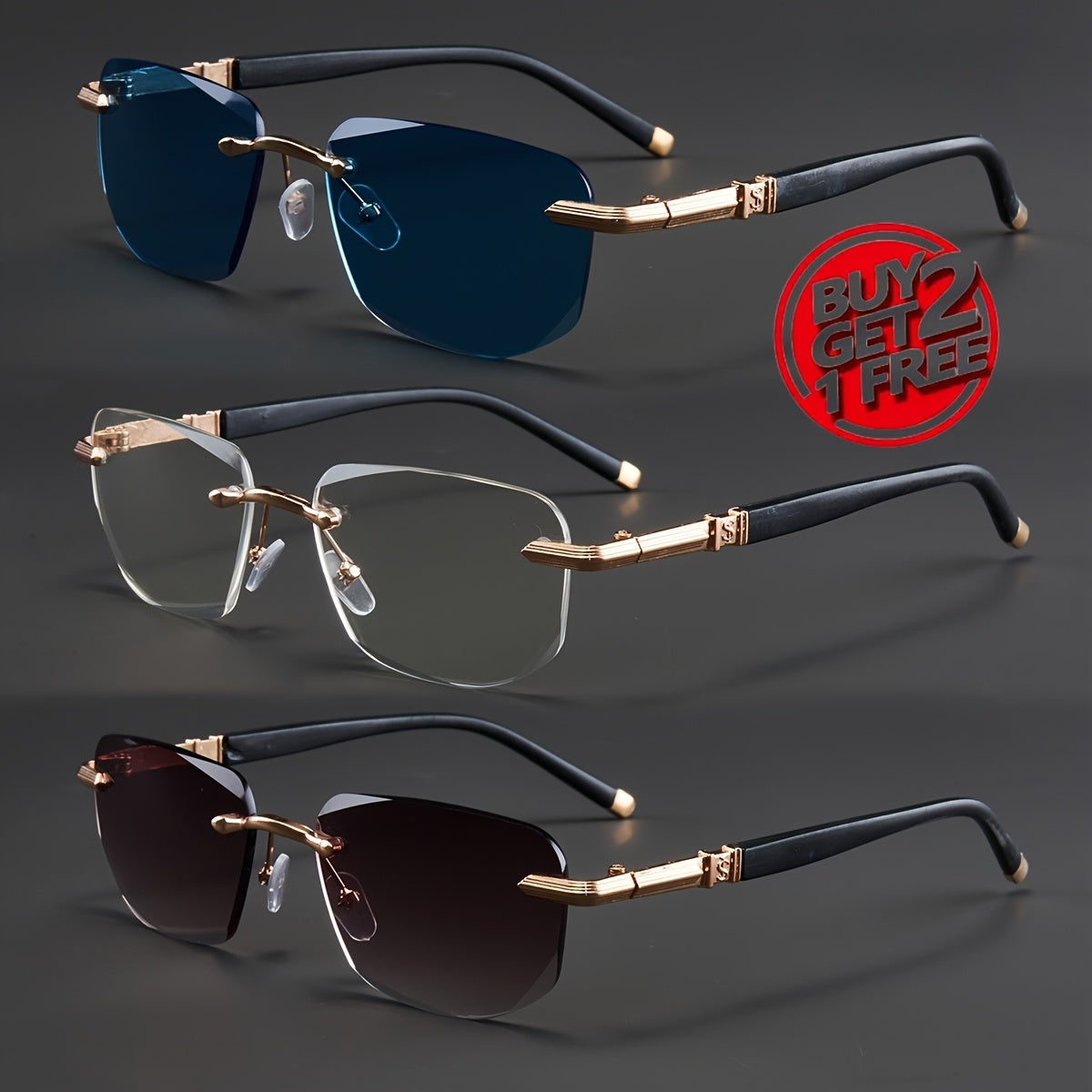 3-Pack, Stylish Men's Frameless Reading Glasses, Elegant Metal Frame, Options: 100, 150, 200, 250, 300, 350, 400 Degrees,christmas Gifts