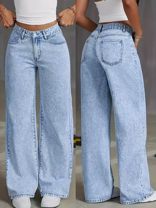Jeans Femme Extensible Jambe Large Droite Effet Décoloré Bleu Clair Contrôle Ventre Poches Taille Haute