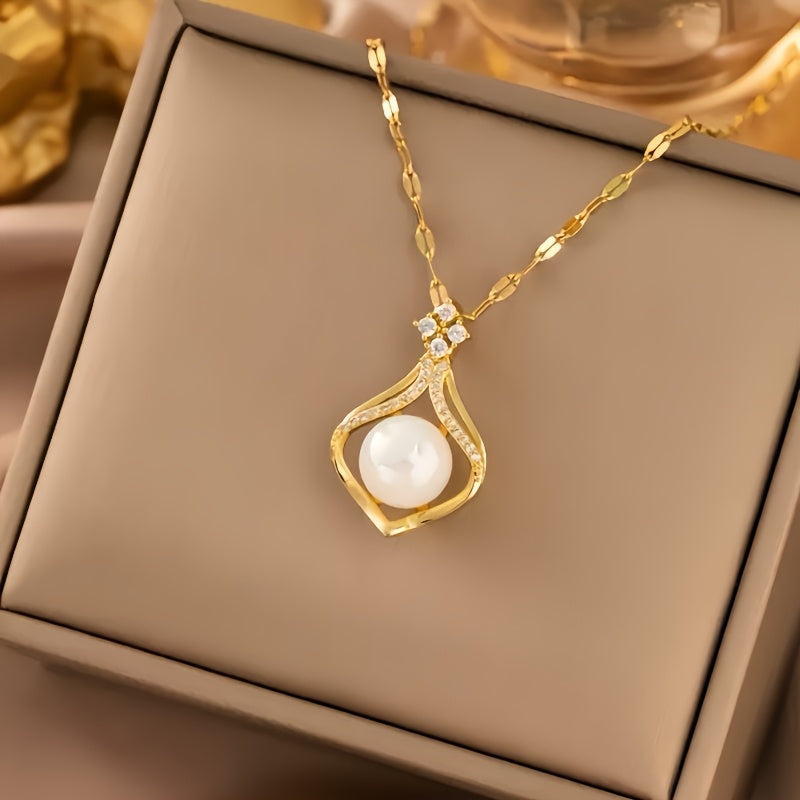 Collier Élégant Femme – Pendentif en Acier Inoxydable Plaqué Or 18K avec Perle Imitation, Hypoallergénique, Design Simple et Luxueux, Idéal Quotidien, Soirées et Cadeau, Accessoire Minimaliste Polyvalent