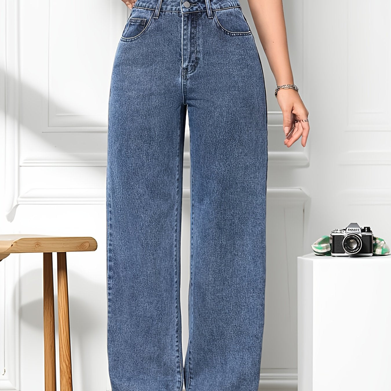 Jeans Femme Bleu Foncé Effet Snowflake Jambe Droite Large Non Extensible Zippé Toute Saison Décontracté et Formel