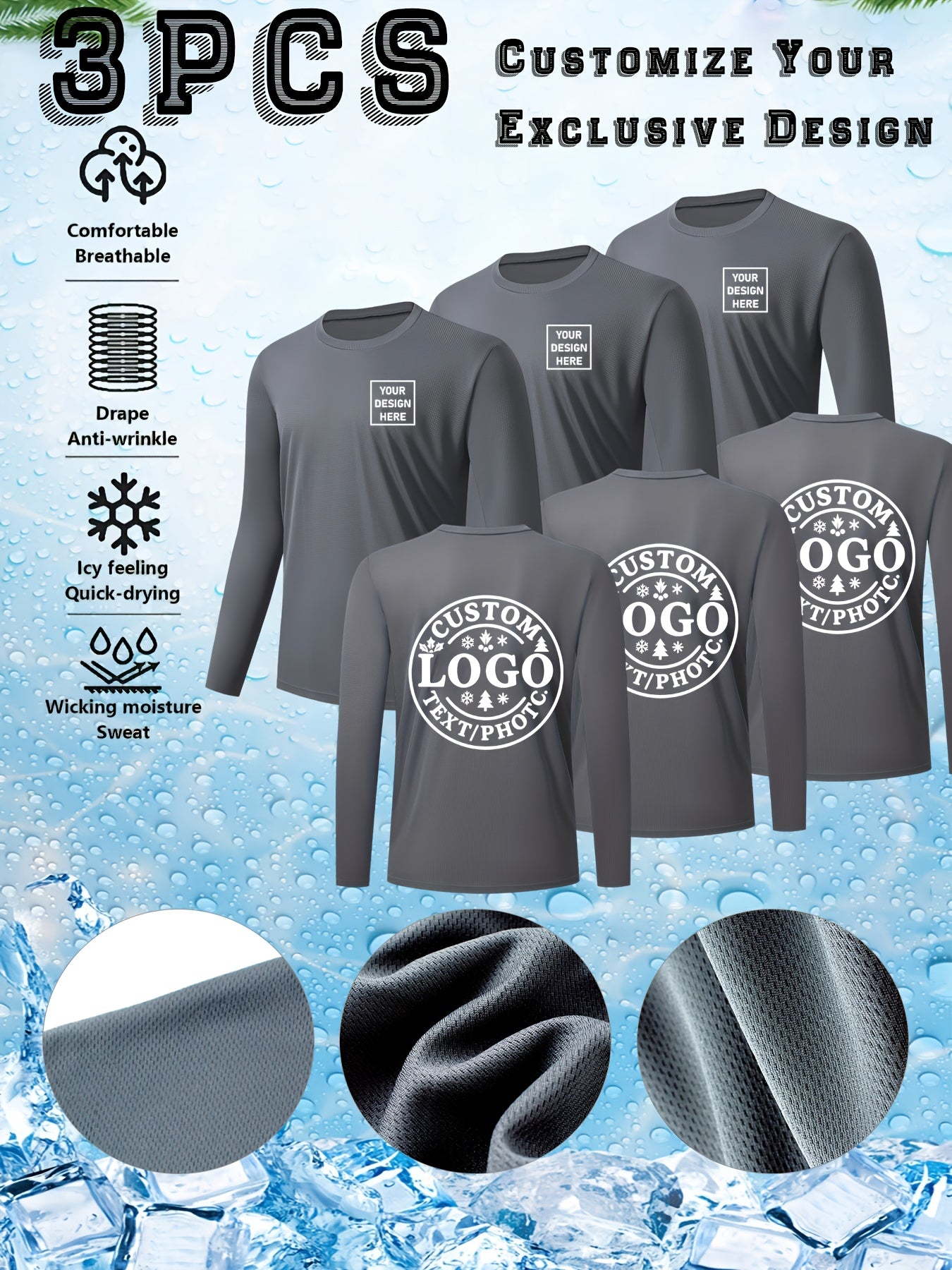 3pcs T-Shirts Longues Manches – Séchage Rapide Personnalisables