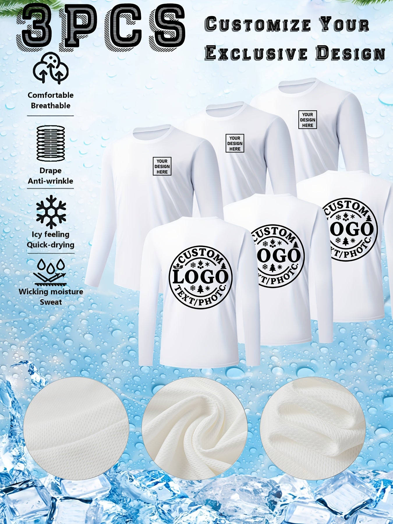 3pcs T-Shirts Longues Manches – Séchage Rapide Personnalisables