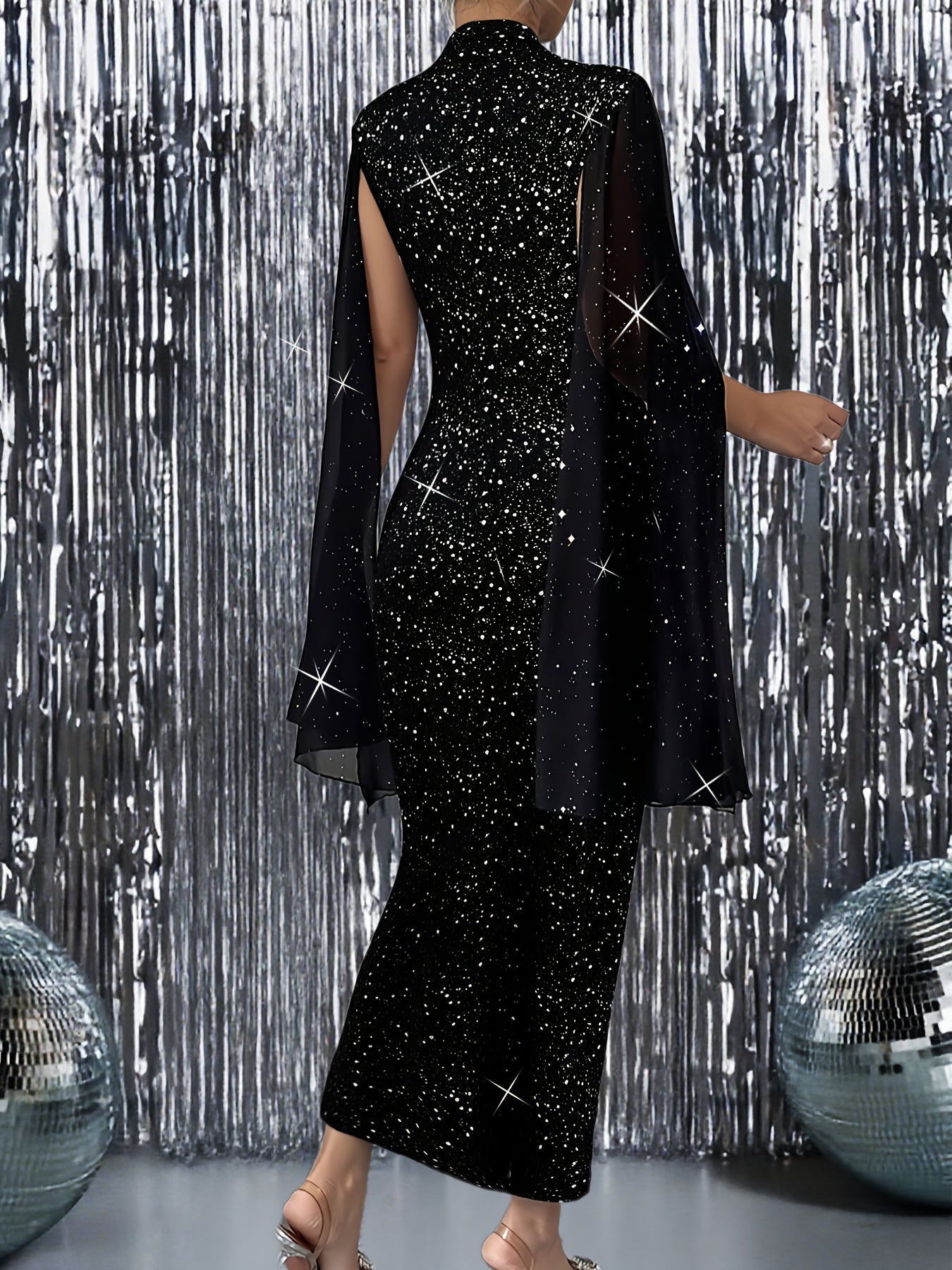 2025 New Elegant Formal Fall Women's Dress, Sequin Evening Gown with Fashionable Spliced Sleeves, Slim-Fit Starlight Long Dress for Halloween Costumes, Parties, and Gatherings