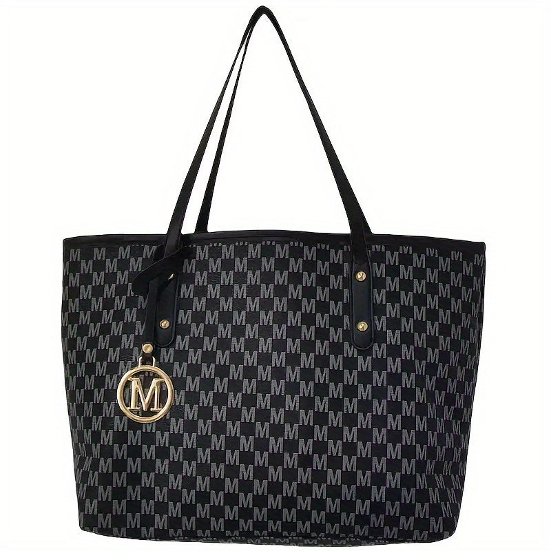 Sac Cabas Femme Vintage – Grande Capacité, Fermeture Éclair, Sac à Main avec Bandoulière Fixe, Design Monogramme Élégant en Marron Café/Noir, Doublure en Polyester, Idéal pour Quotidien