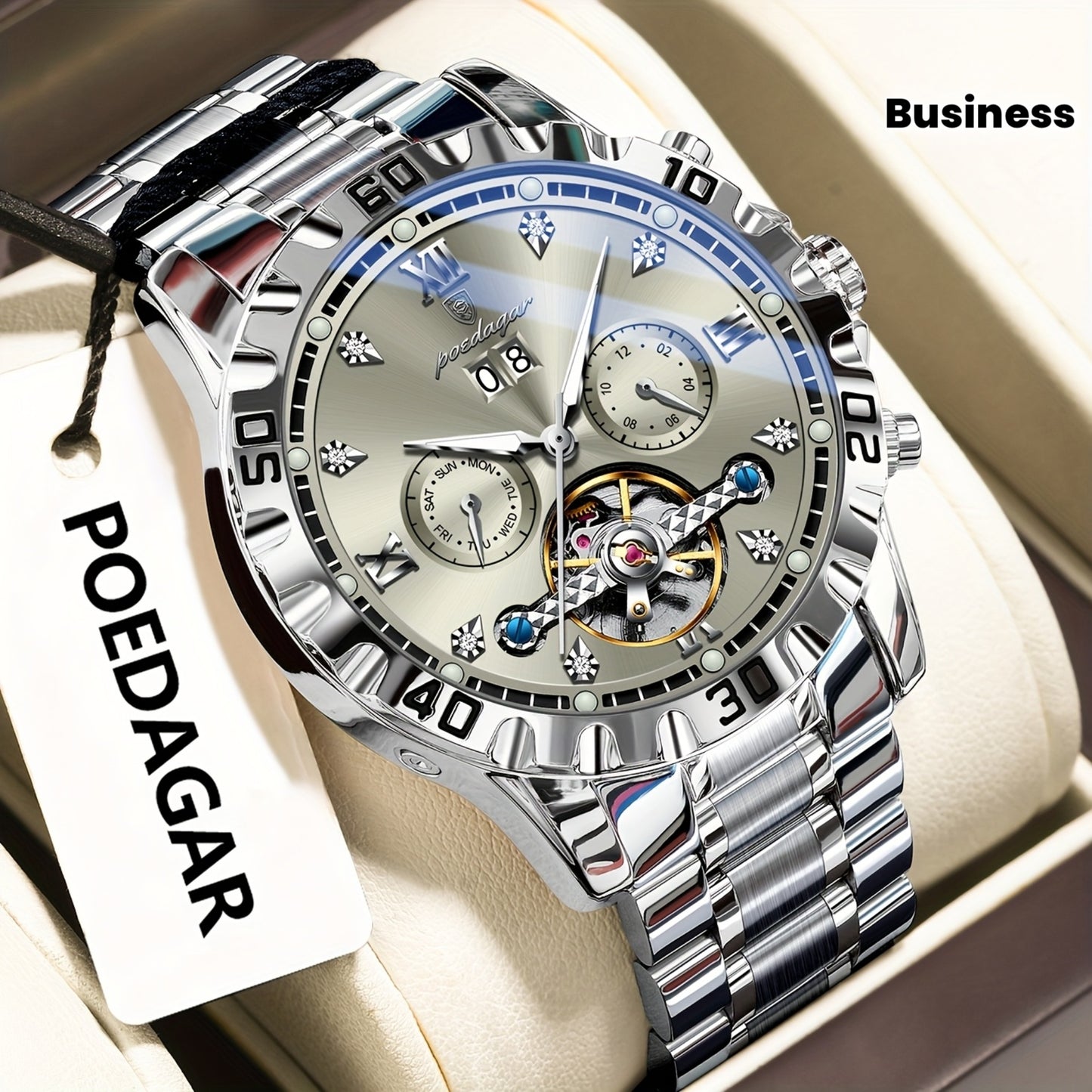 Men'S Luxury Business Watch with Automatic Movement, Waterproof, Luminescent Hands & Date Display - Stainless Steel Case & Dial, Mechanical Movement, 3 ATM, Without Battery