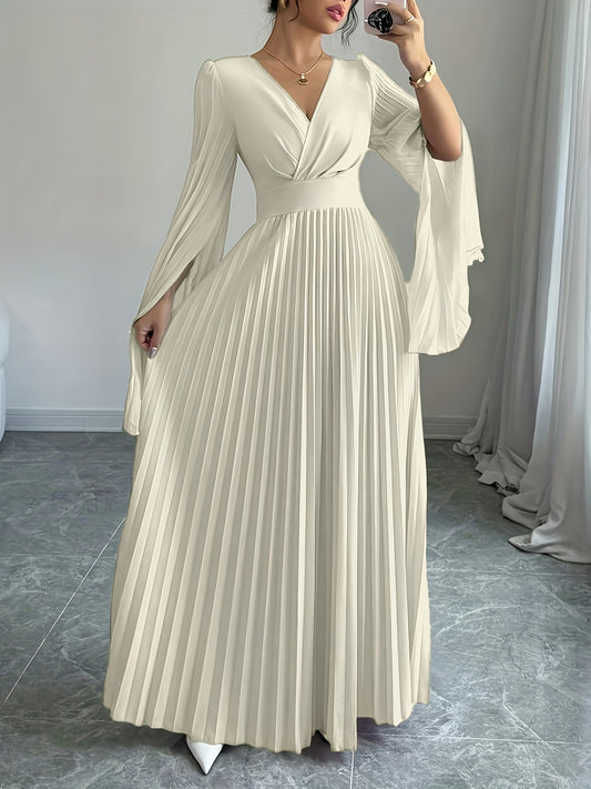 Women's Elegant V-Neck Pleated Open Sleeve Maxi Dress - Fitted Solid Color Machine Washable Spring/Summer Casual & Formal Outfit, Spring Fashion, Quality Craftsmanship