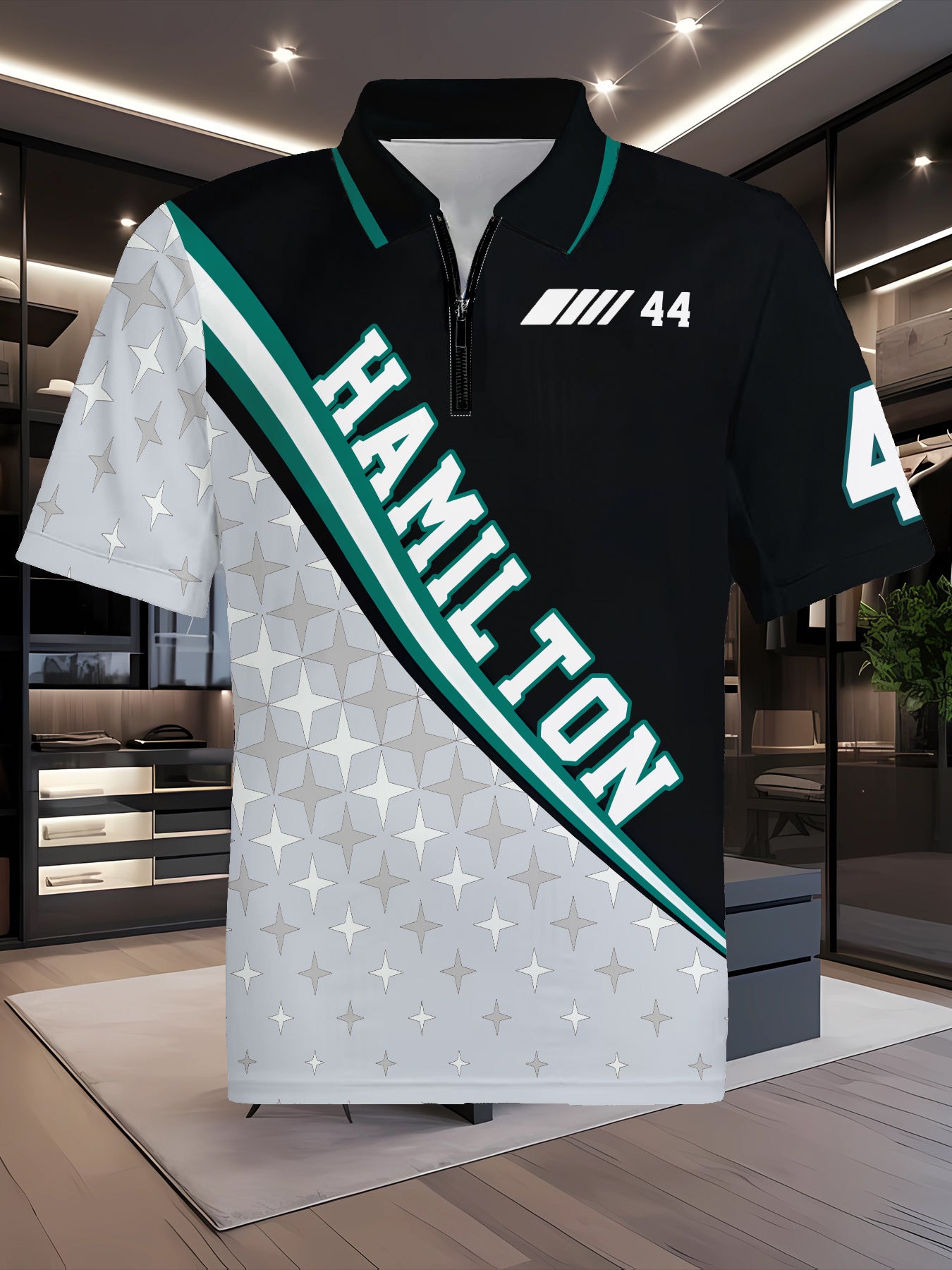 Men's 3D Digital Print Racing Shirt - Summer Short Sleeve with Zipper Collar, Striped Design & Bold '44' Graphic, Breathable Machine-Washable Fabric for Casual & Sporty Style, Summer Outfit, Comfortable Fit