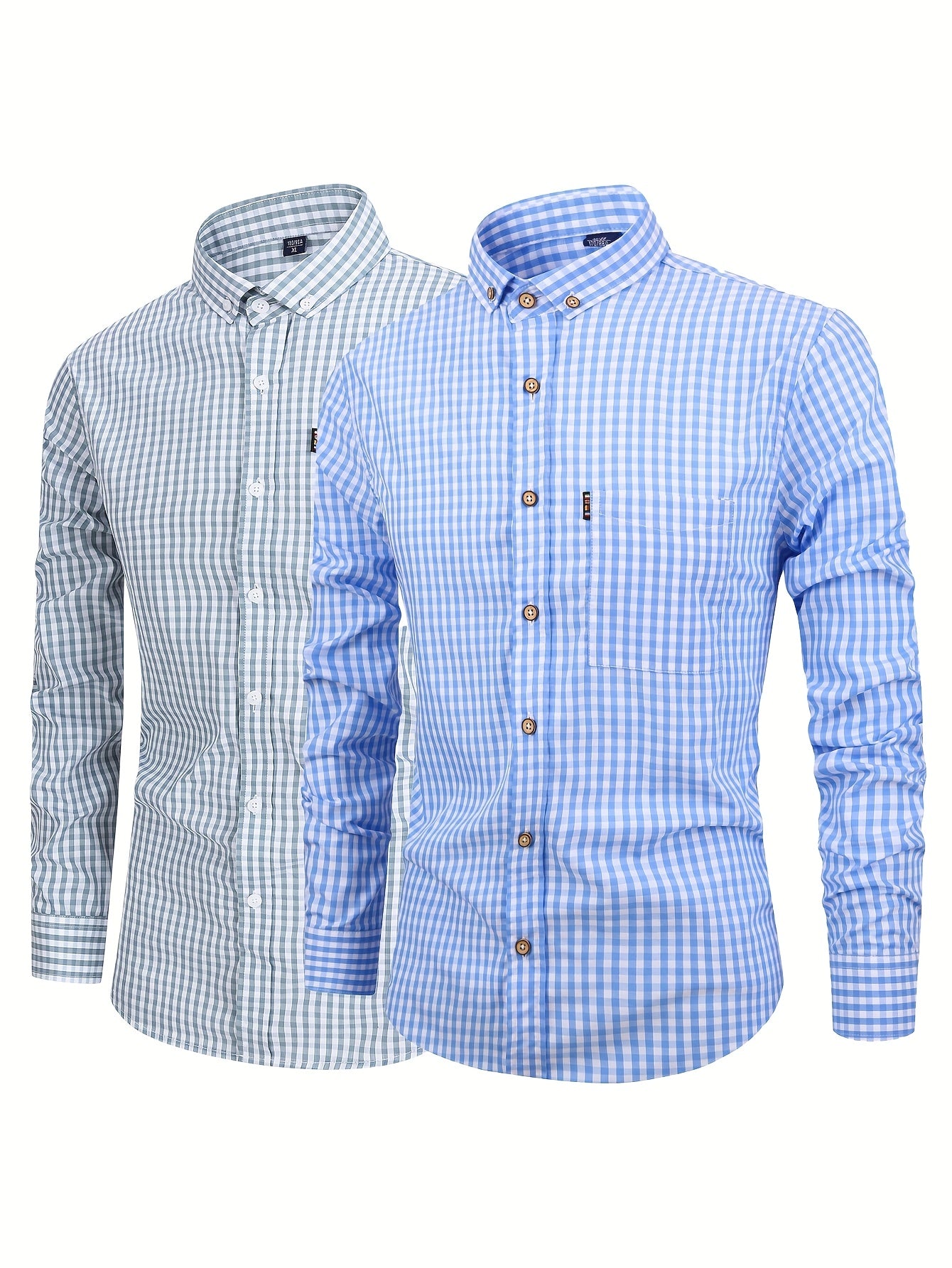 Men's cotton plaid casual long sleeve shirt; 2pcs