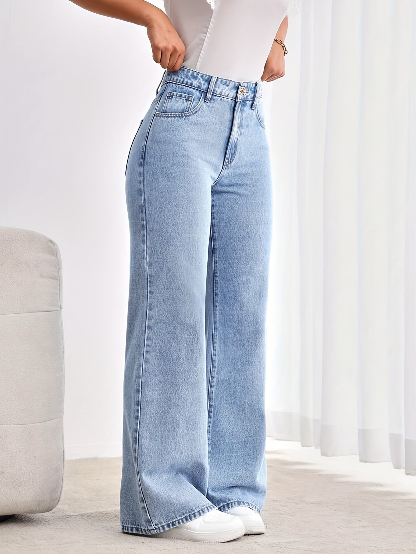 Jeans Femme Taille Haute Extensible Jambe Large Bleu Clair Coupe Ample Décontracté Toute Saison Confortable Effet Usé