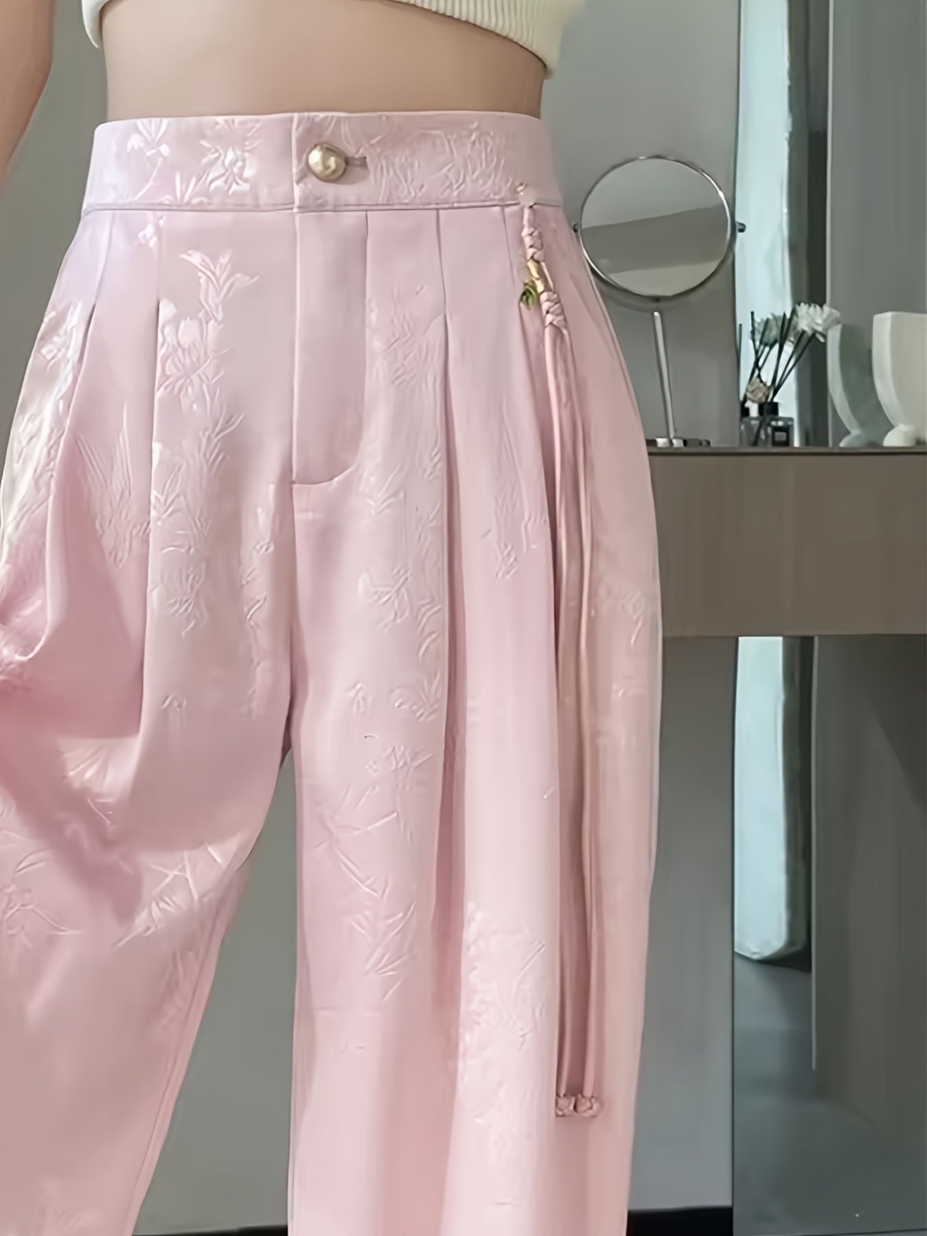 Pantalon Femme Élégant Jambe Large – Noir Uni avec Imprimé Nuages Chinois Blancs, Ourlet Asymétrique, Bureau et Événements Formels, Inspiré Asiatique