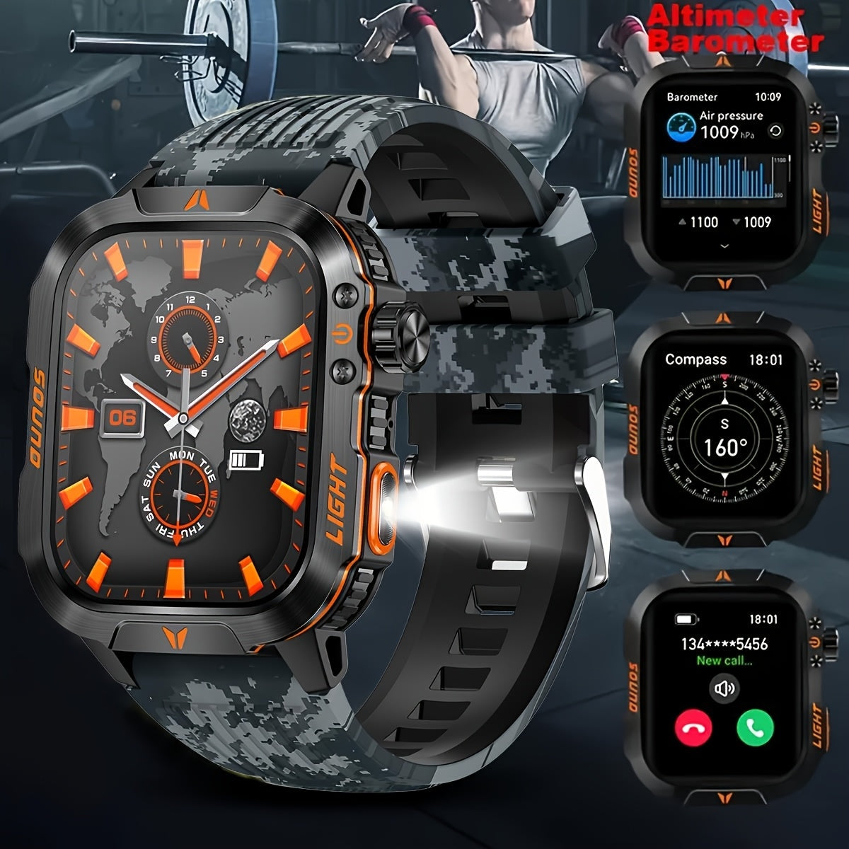 Outdoor smart watch, wireless calling, sports watch, compass, altimeter, barometer, LED flashlight, IP68, pedometer, fitness tracker, multimedia information viewing, weather 100+ sports modes, suitable for Android iPhone, Men